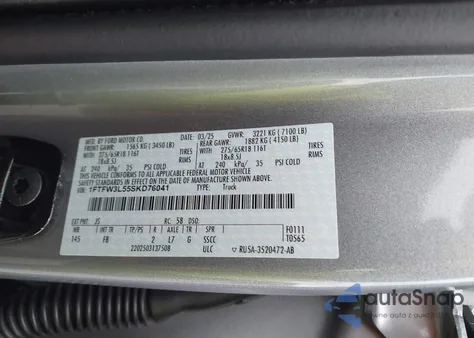 2025 Ford F-150 Xlt from USA, damaged, VIN 1FTFW3L55SKD76041